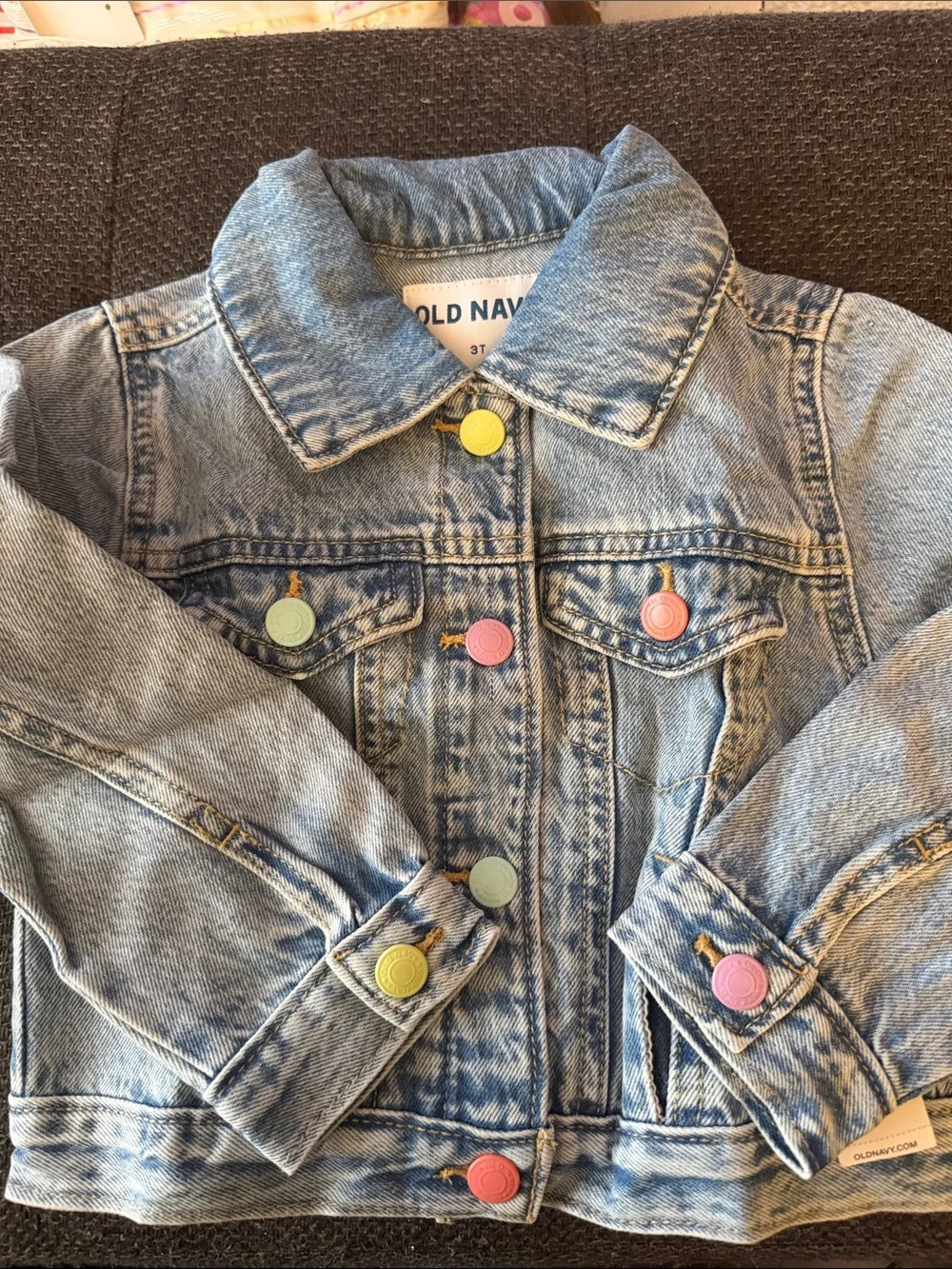 Old Navy Light Wash Denim Jacket with Colorful Button Accents